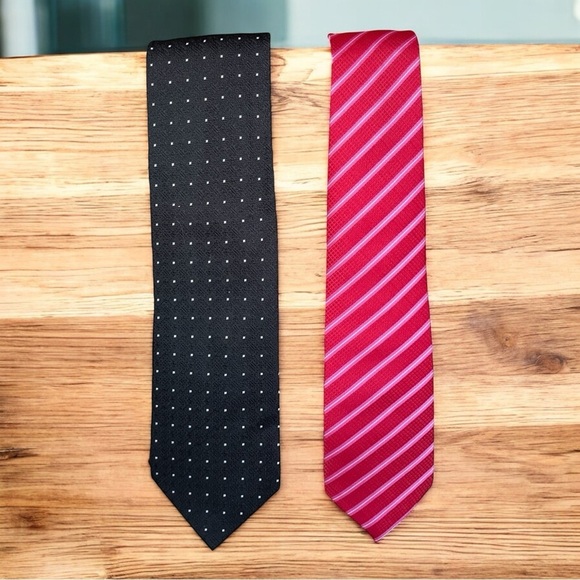 Ferucci & Kailong Other - Men’s Necktie Pair 2 Repp Weave Black White Dots Red Pink Stripe Silk Handmade